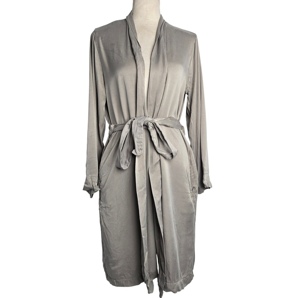 Restoration Hardware Womens Medium Grey Satin Heavy Robe‎ Long Sleeve Belted
